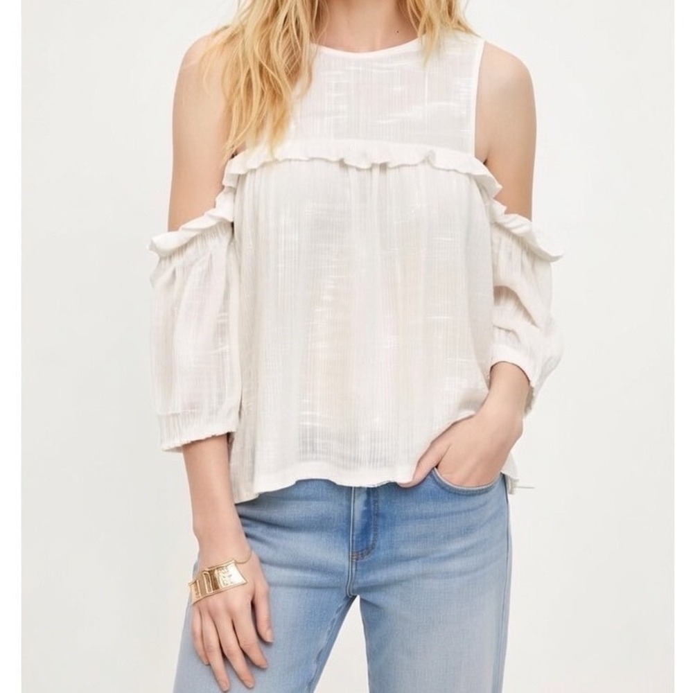 Meadow Rue Anthropologie Cold Open Shoulder Ruffle Linen Top‎ Ivory Size Small